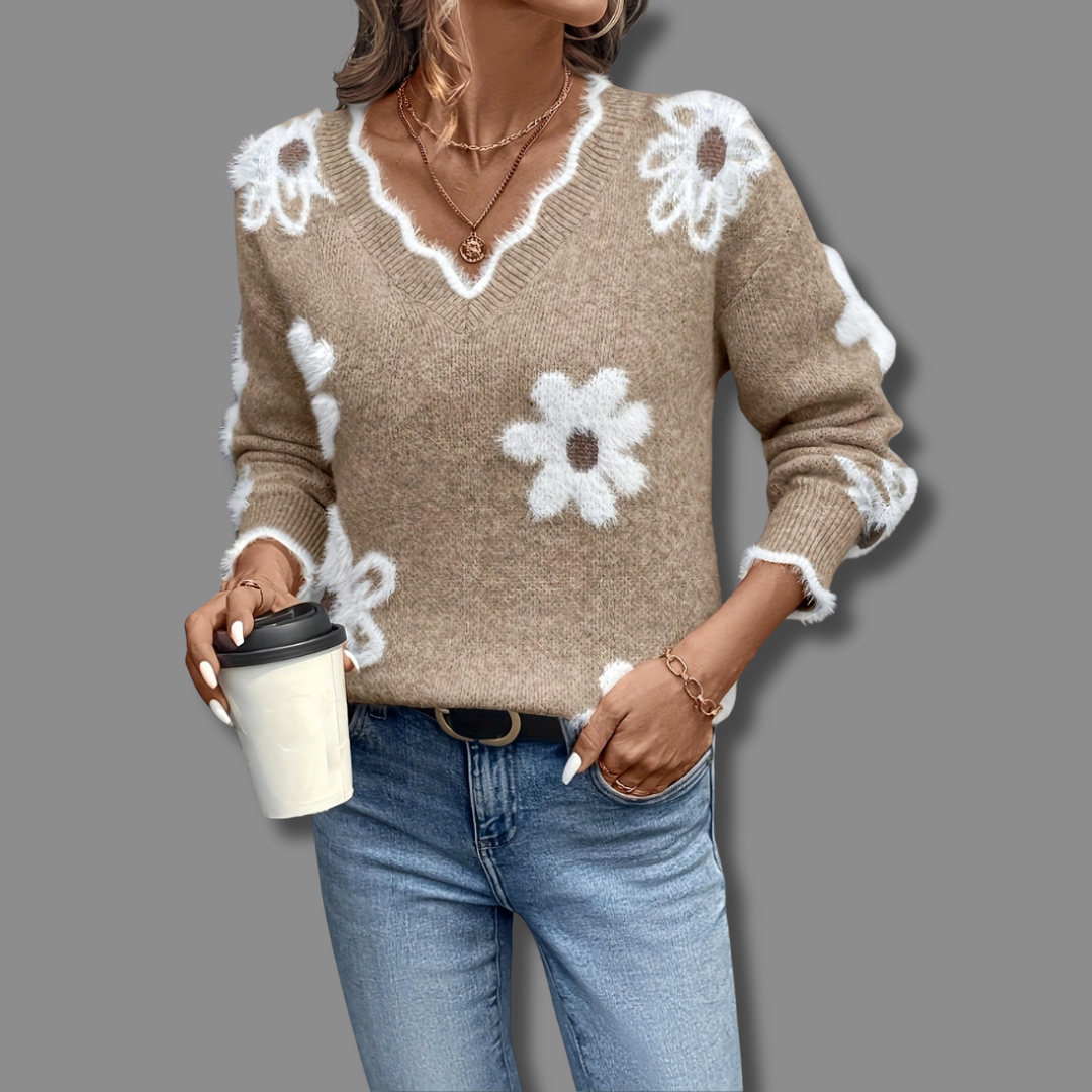 LEAH | Elegant V-Neck Floral Sweater
