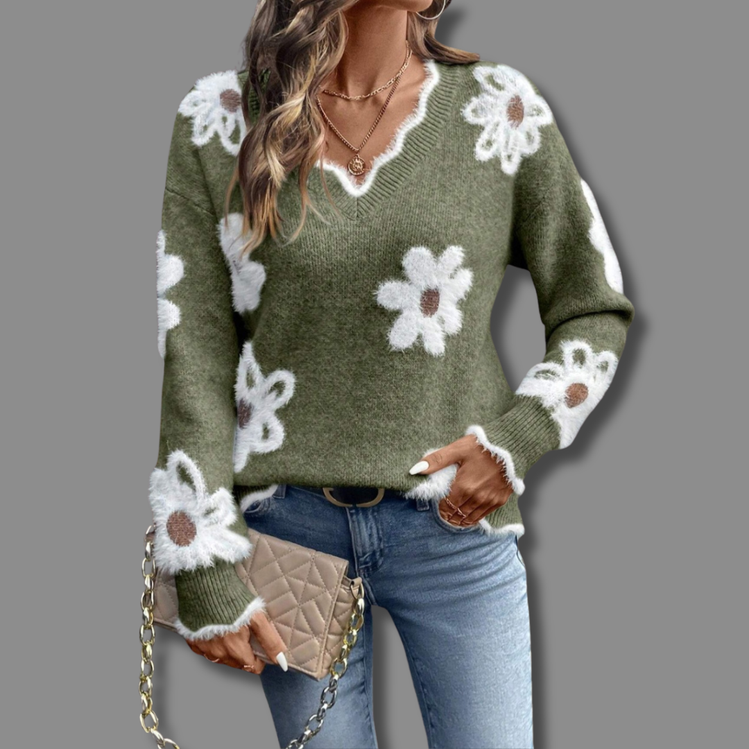 LEAH | Elegant V-Neck Floral Sweater