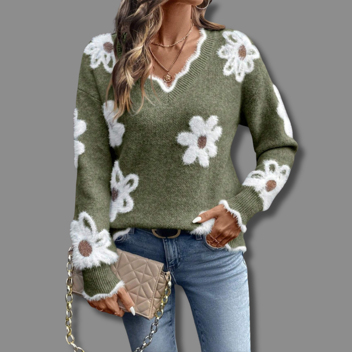 LEAH | Elegant V-Neck Floral Sweater